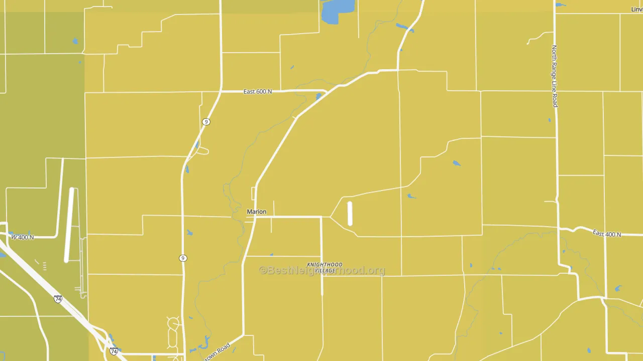 Map of the best neighborhoods in the Knighthood Village area, with better matches in green and worse matches in red