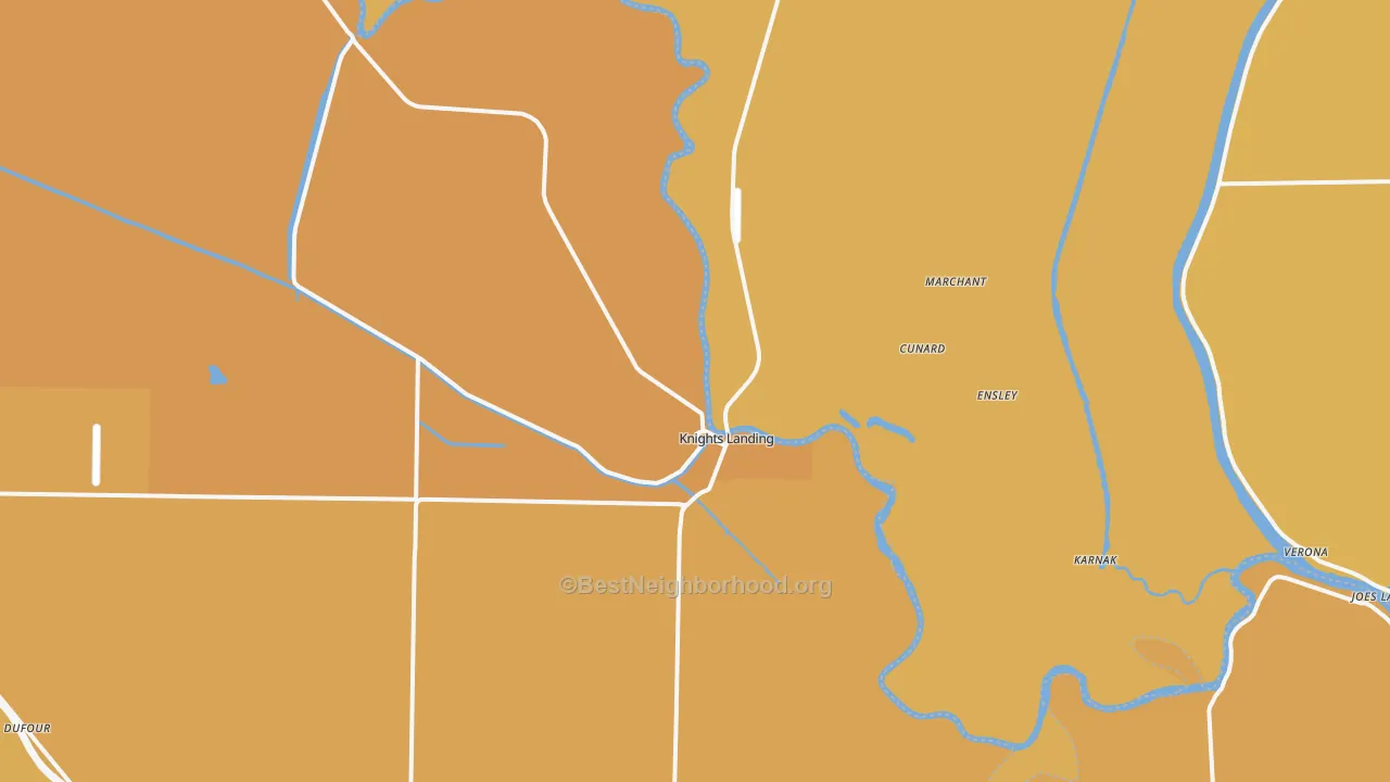Map of the best neighborhoods in the Knights Landing area, with better matches in green and worse matches in red