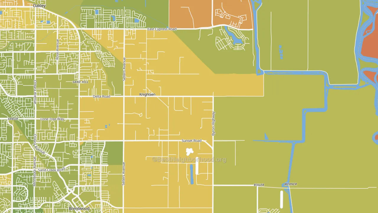 Map of the best neighborhoods in the Knightsen area, with better matches in green and worse matches in red