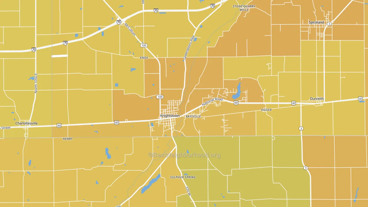 Map of the best neighborhoods in the Knightstown area, with better matches in green and worse matches in red