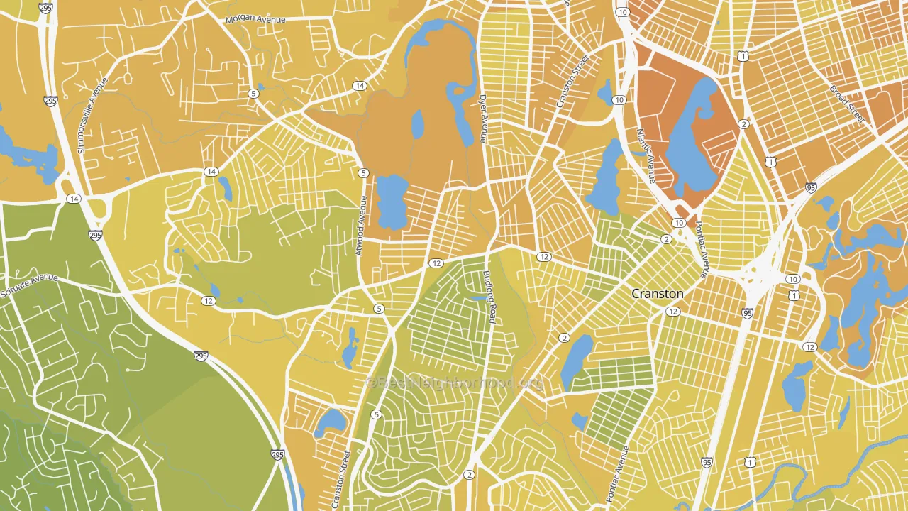 Map of the best neighborhoods in the Knightsville, Cranston area, with better matches in green and worse matches in red