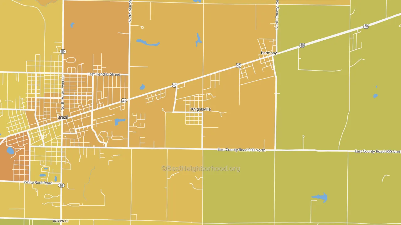 Map of the best neighborhoods in the Knightsville area, with better matches in green and worse matches in red