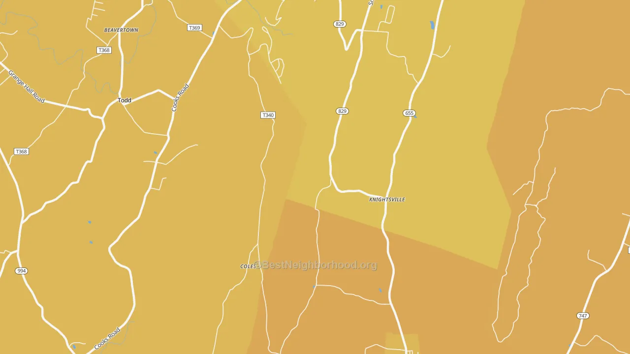 Map of the best neighborhoods in the Knightsville area, with better matches in green and worse matches in red