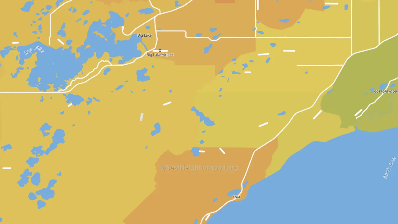 Map of the best neighborhoods in the Knik area, with better matches in green and worse matches in red