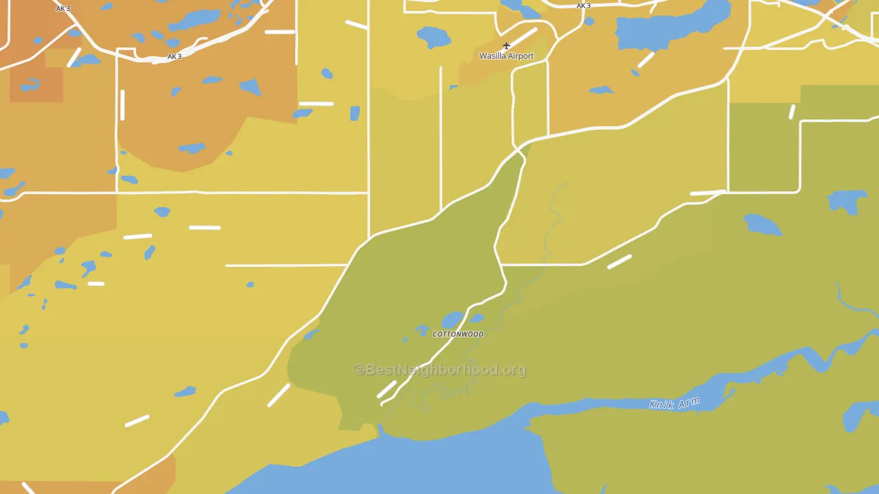 Map of the best neighborhoods in the Knik-Fairview area, with better matches in green and worse matches in red