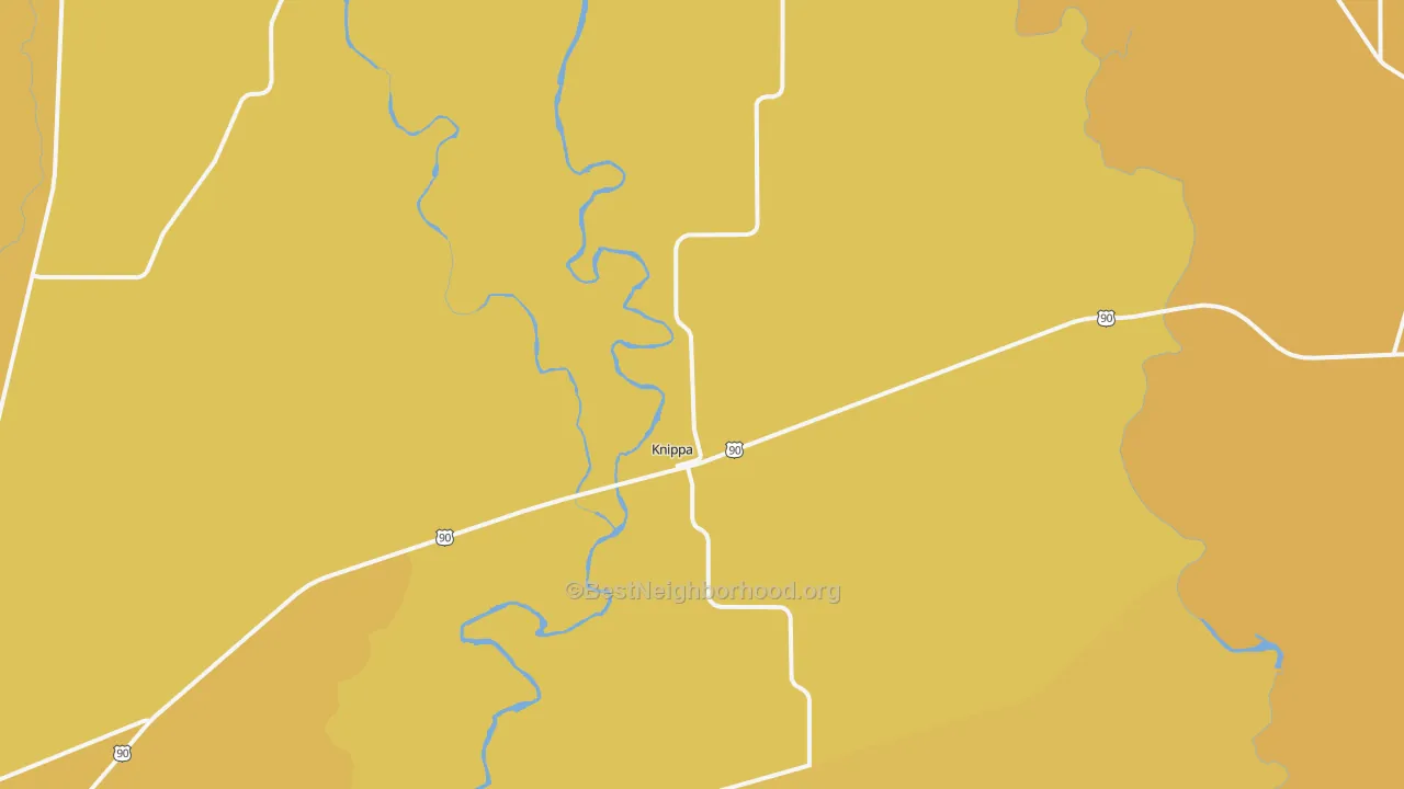Map of the best neighborhoods in the Knippa area, with better matches in green and worse matches in red