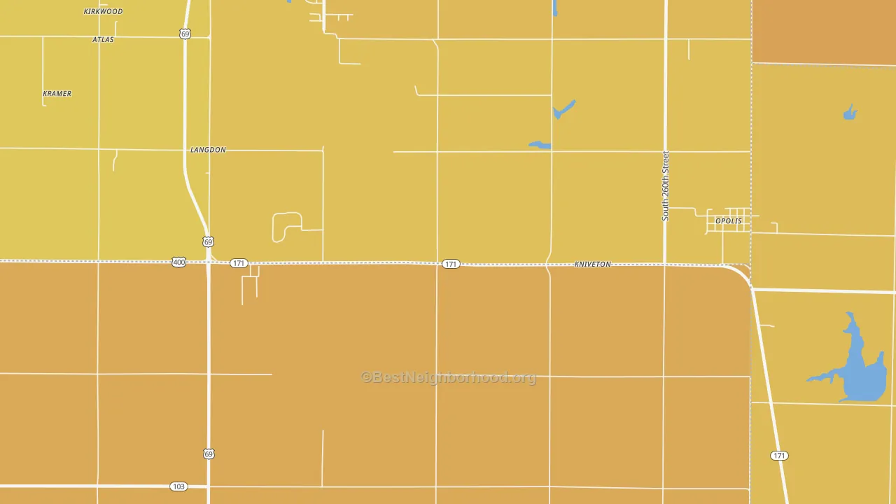 Map of the best neighborhoods in the Kniveton area, with better matches in green and worse matches in red