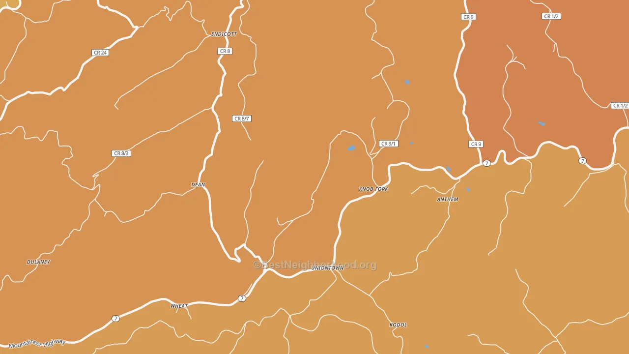 Map of the best neighborhoods in the Knob Fork area, with better matches in green and worse matches in red
