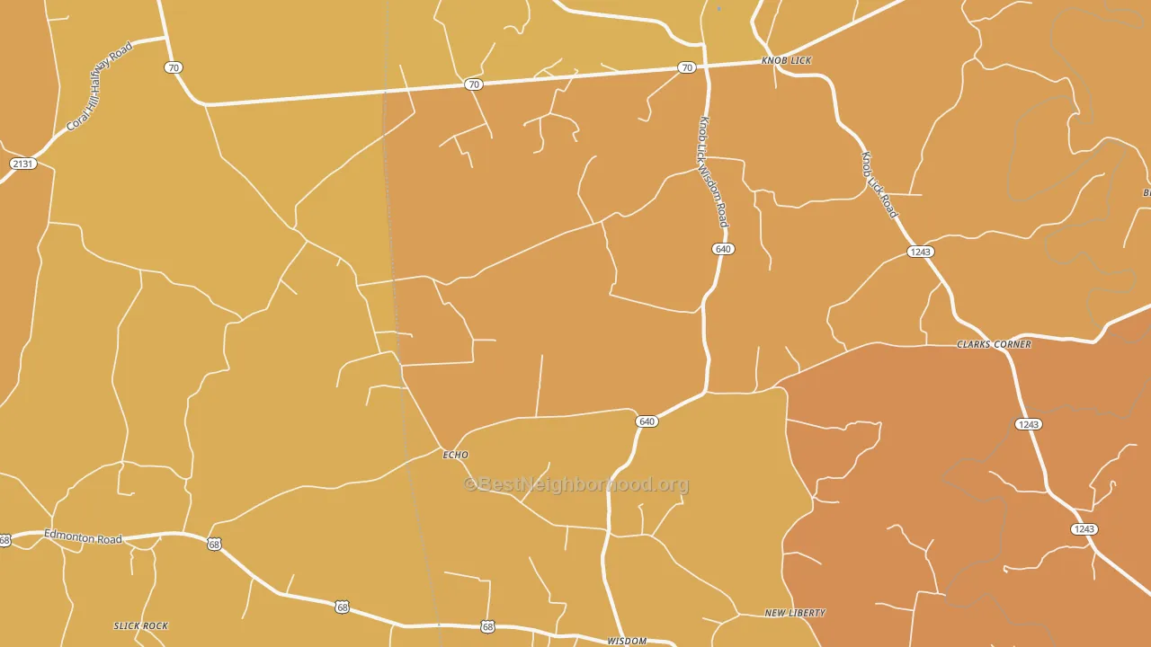 Map of the best neighborhoods in the Knob Lick area, with better matches in green and worse matches in red
