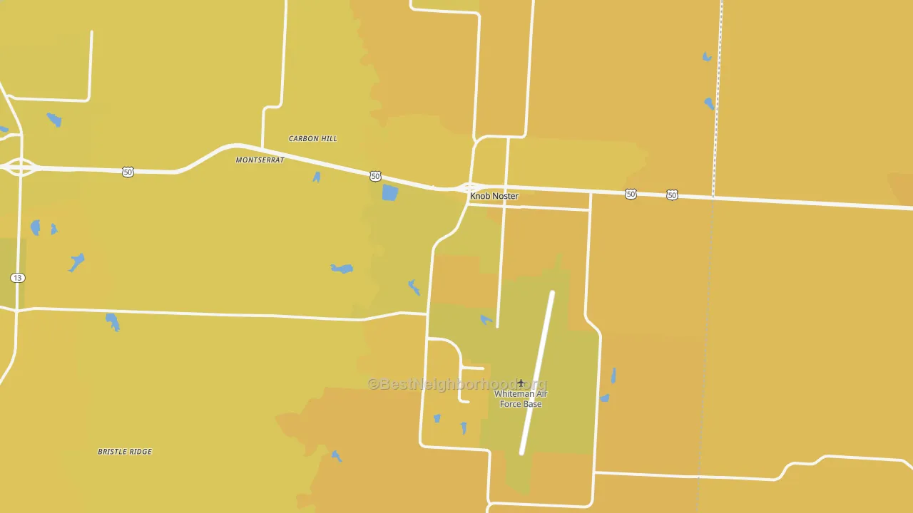 Map of the best neighborhoods in the Knob Noster area, with better matches in green and worse matches in red