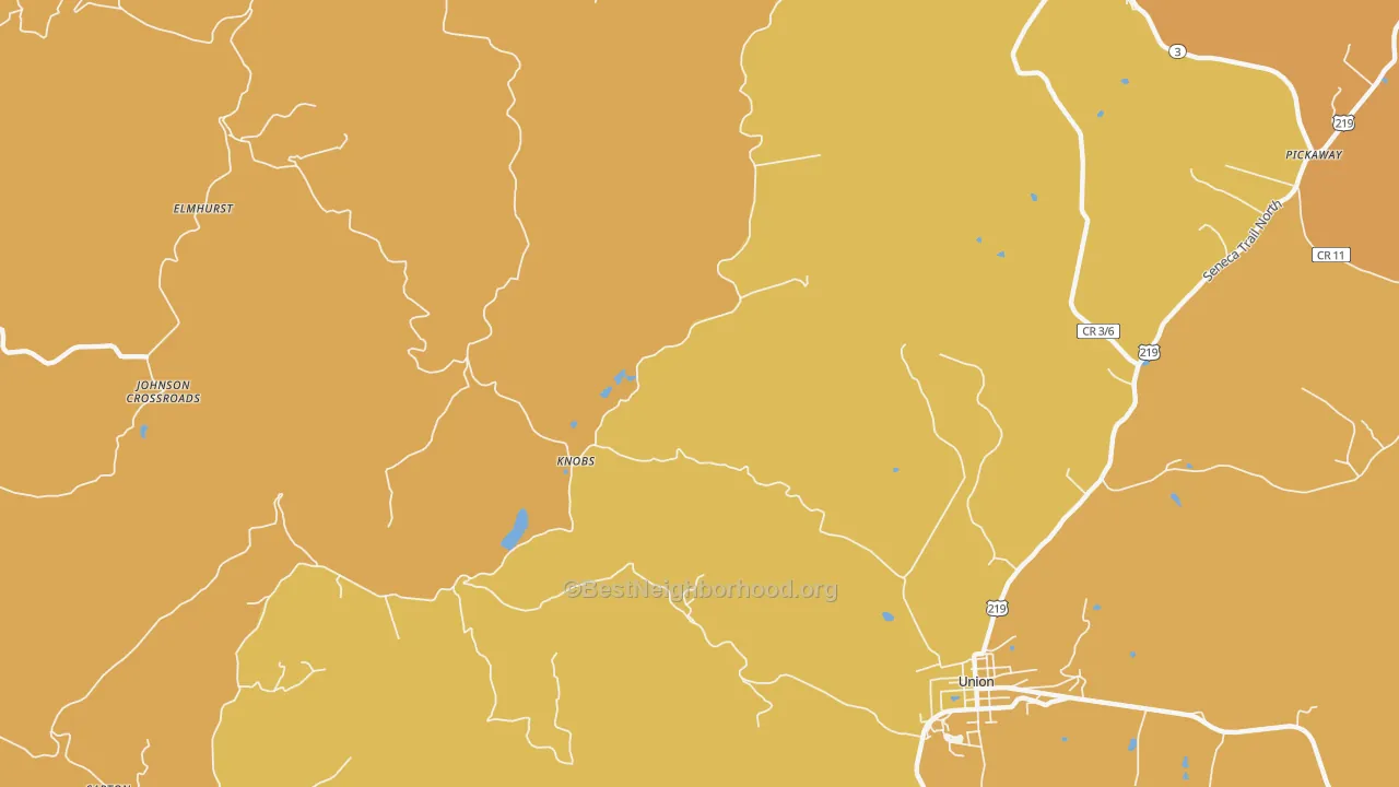 Map of the best neighborhoods in the Knobs area, with better matches in green and worse matches in red