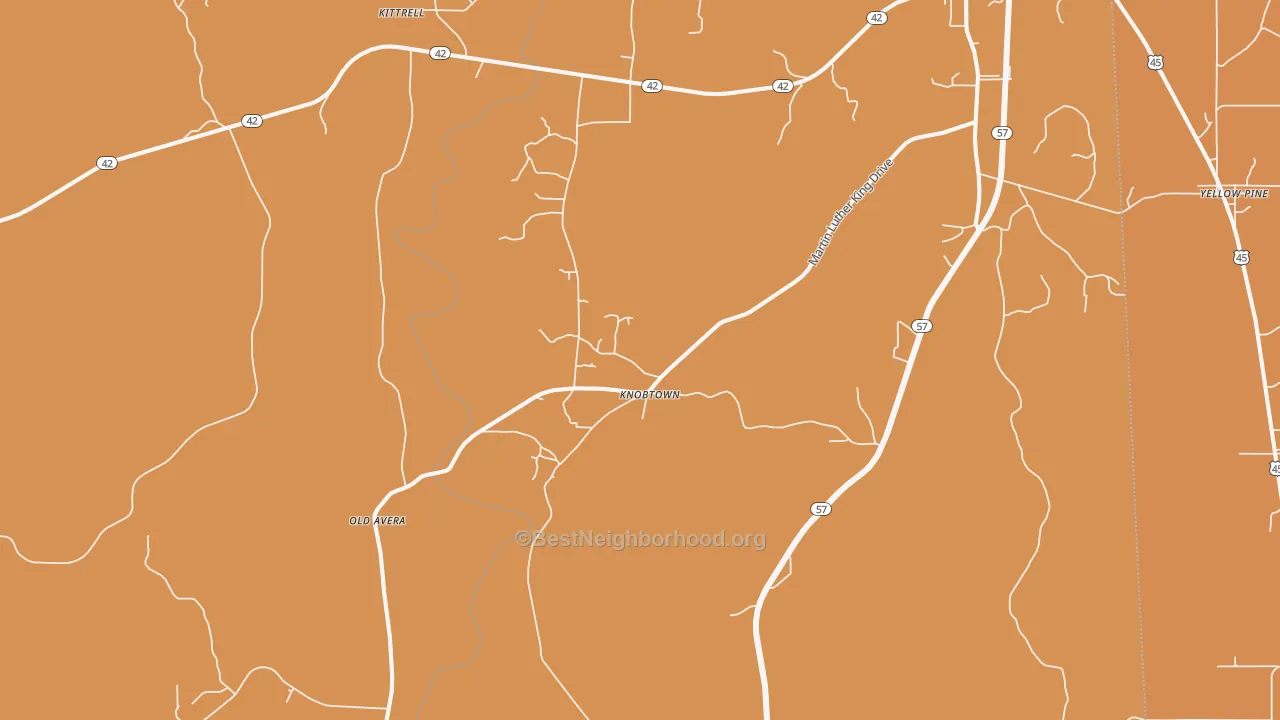 Map of the best neighborhoods in the Knobtown area, with better matches in green and worse matches in red