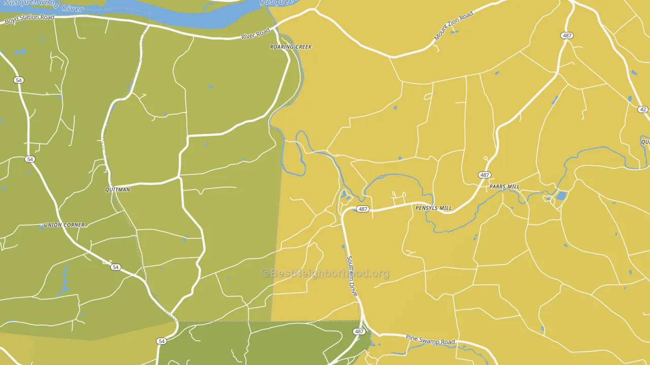 Map of the best neighborhoods in the Knoebels Grove area, with better matches in green and worse matches in red