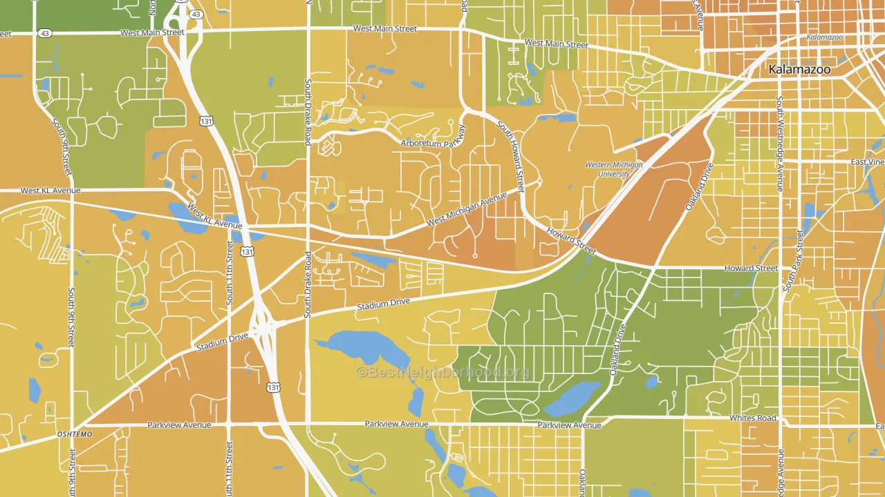 Map of the best neighborhoods in the Knollwood, Kalamazoo area, with better matches in green and worse matches in red
