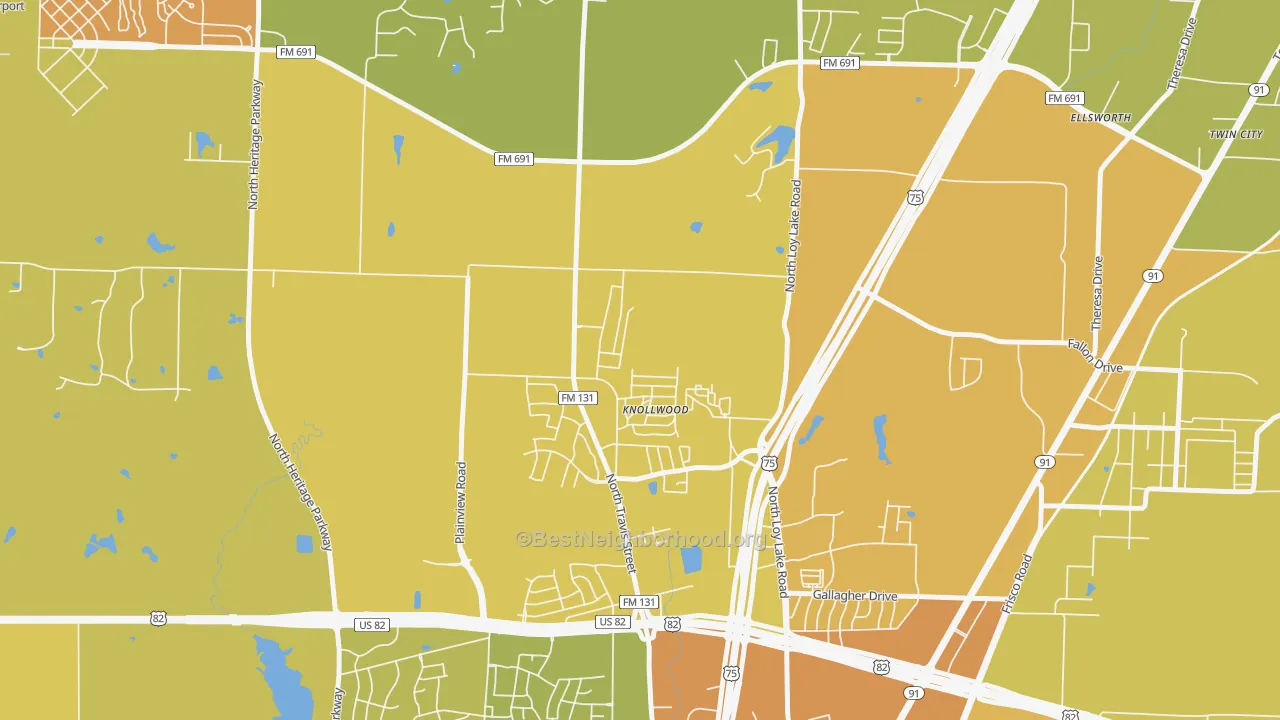 Map of the best neighborhoods in the Knollwood area, with better matches in green and worse matches in red