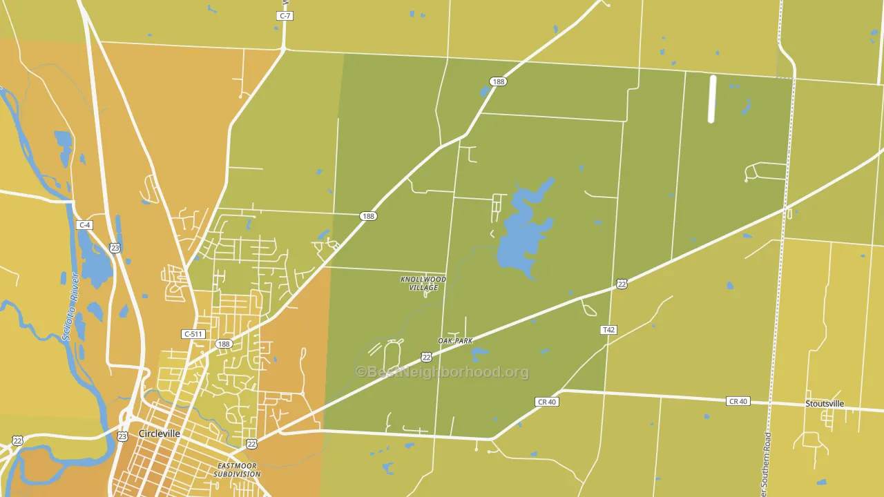 Map of the best neighborhoods in the Knollwood Village area, with better matches in green and worse matches in red