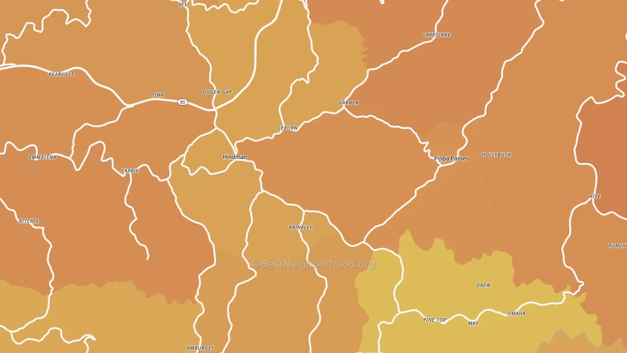 Map of the best neighborhoods in the Knott County area, with better matches in green and worse matches in red