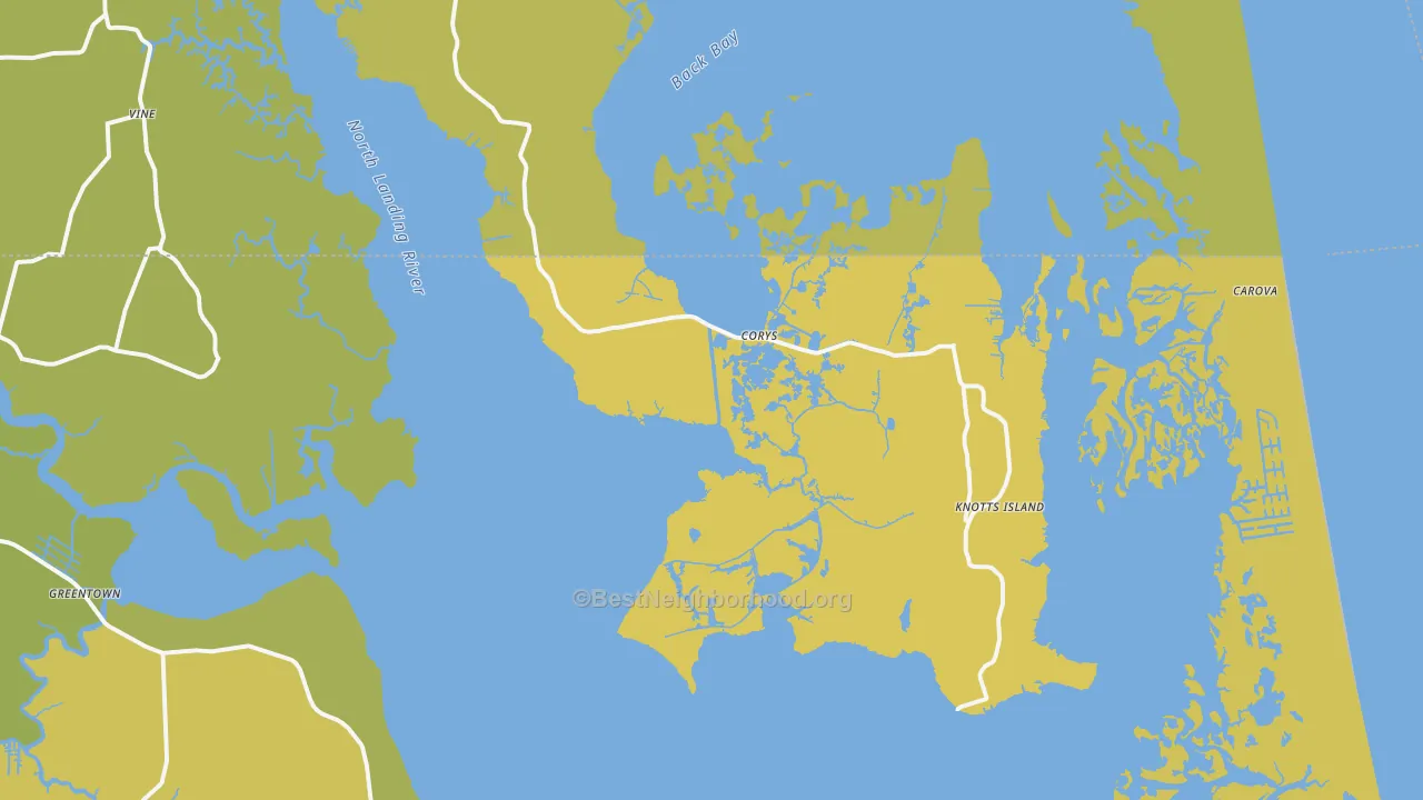 Map of the best neighborhoods in the Knotts Island area, with better matches in green and worse matches in red