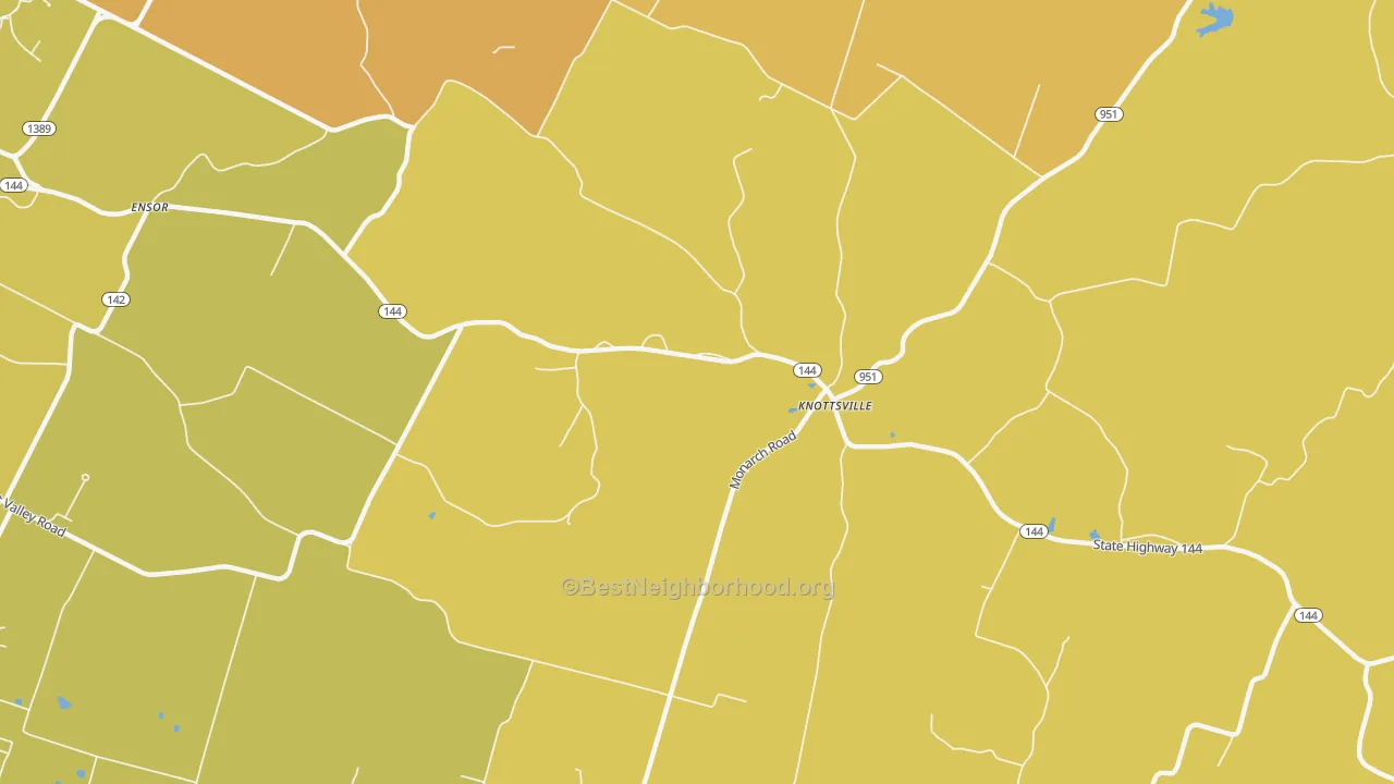 Map of the best neighborhoods in the Knottsville area, with better matches in green and worse matches in red