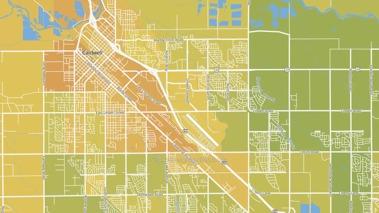 Map of the best neighborhoods in the Knowlton Heights area, with better matches in green and worse matches in red