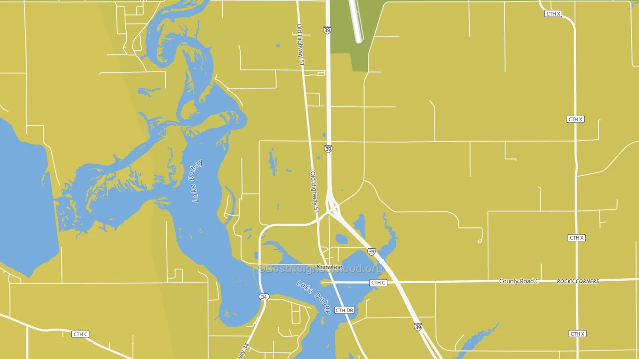 Map of the best neighborhoods in the Knowlton area, with better matches in green and worse matches in red