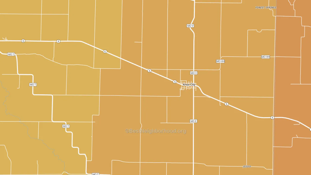 Map of the best neighborhoods in the Knox City area, with better matches in green and worse matches in red