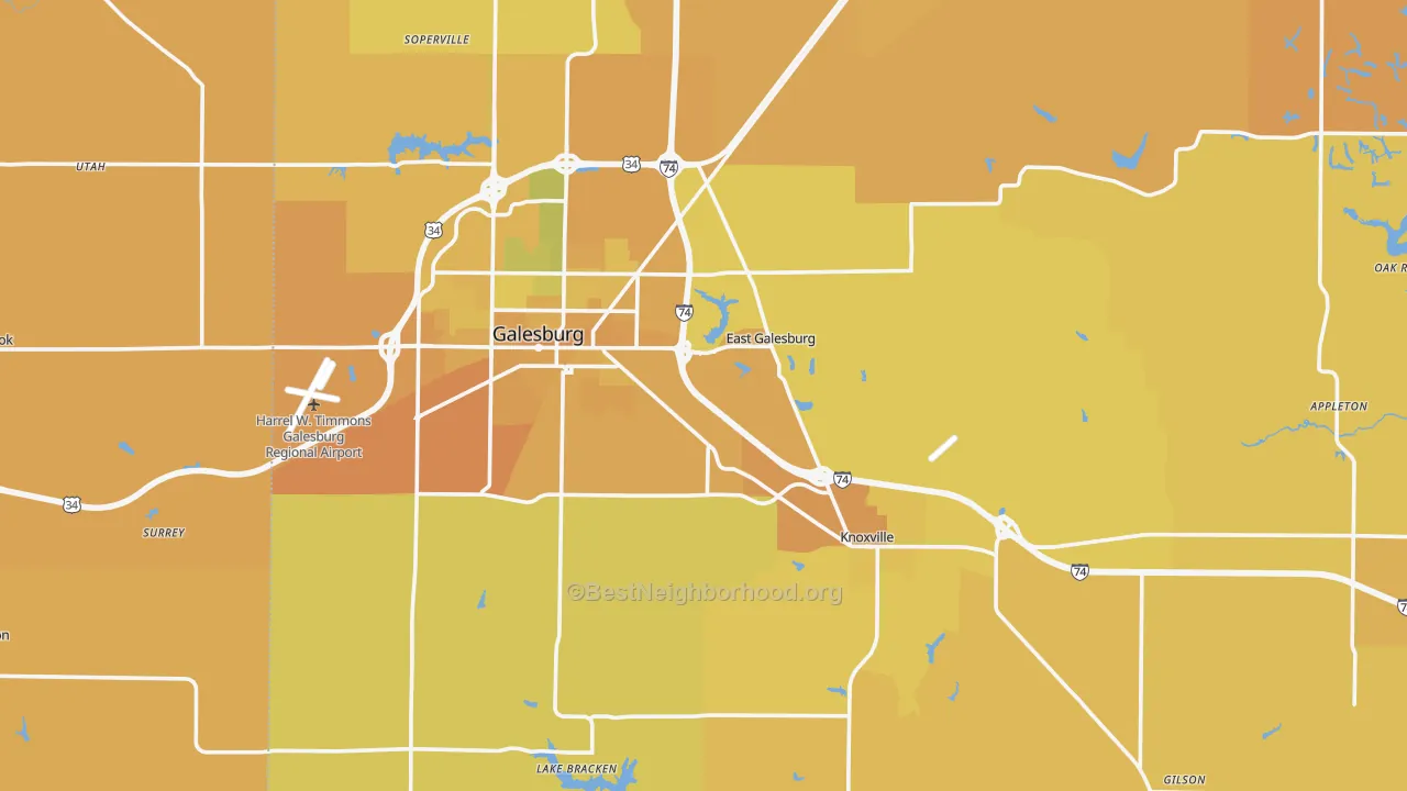 Map of the best neighborhoods in the Knox County area, with better matches in green and worse matches in red
