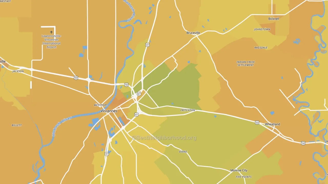 Map of the best neighborhoods in the Knox County area, with better matches in green and worse matches in red