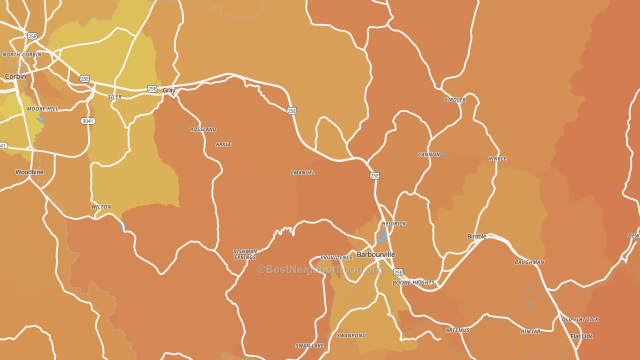 Map of the best neighborhoods in the Knox County area, with better matches in green and worse matches in red