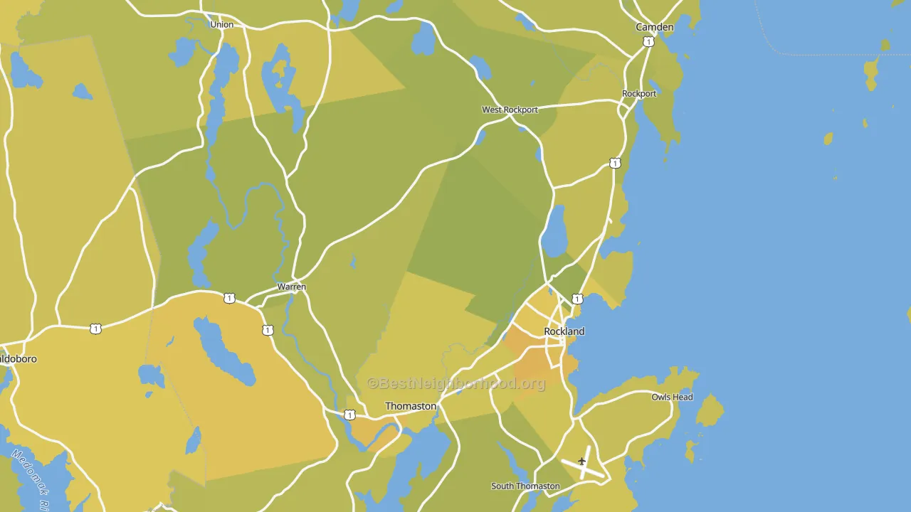 Map of the best neighborhoods in the Knox County area, with better matches in green and worse matches in red