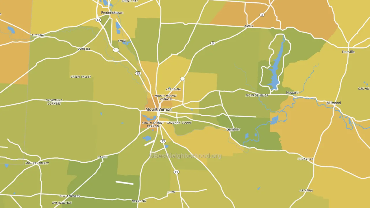 Map of the best neighborhoods in the Knox County area, with better matches in green and worse matches in red