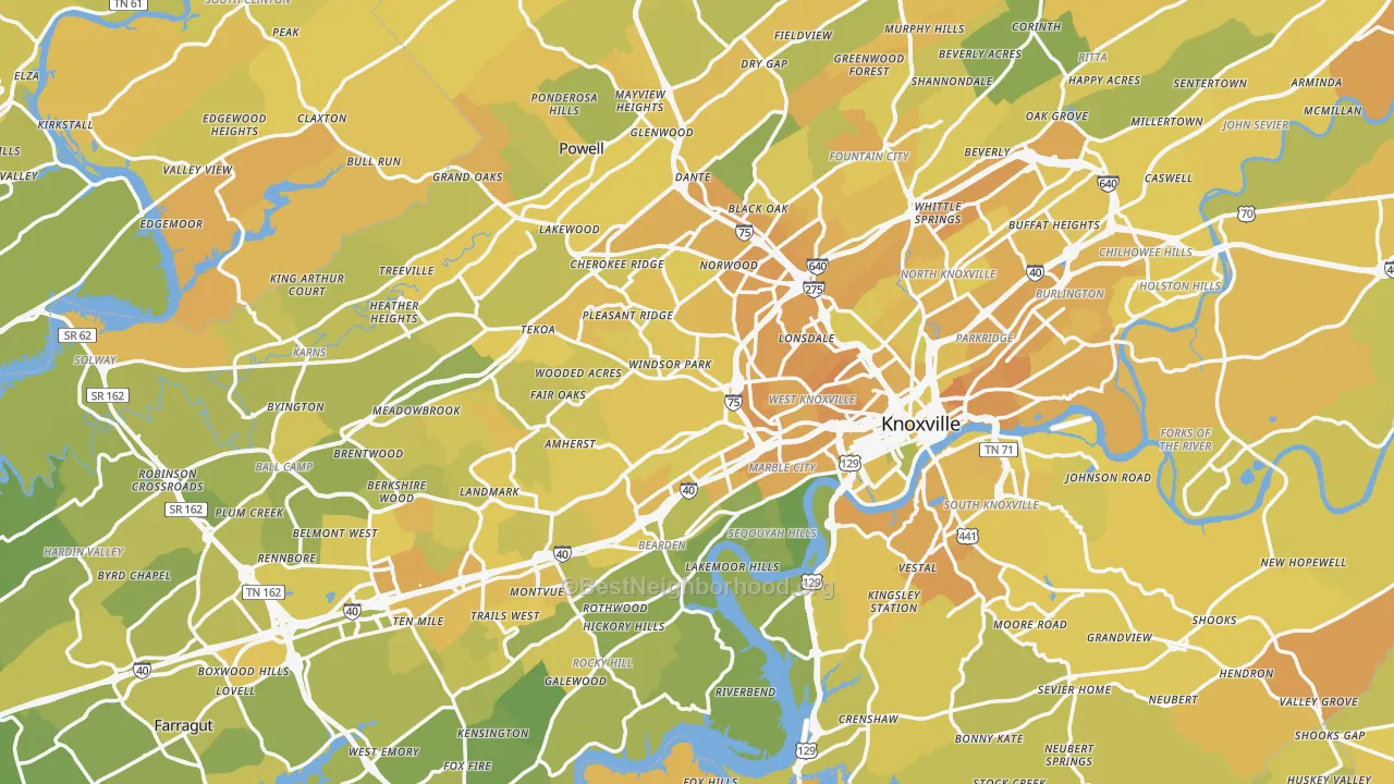 Map of the best neighborhoods in the Knox County area, with better matches in green and worse matches in red