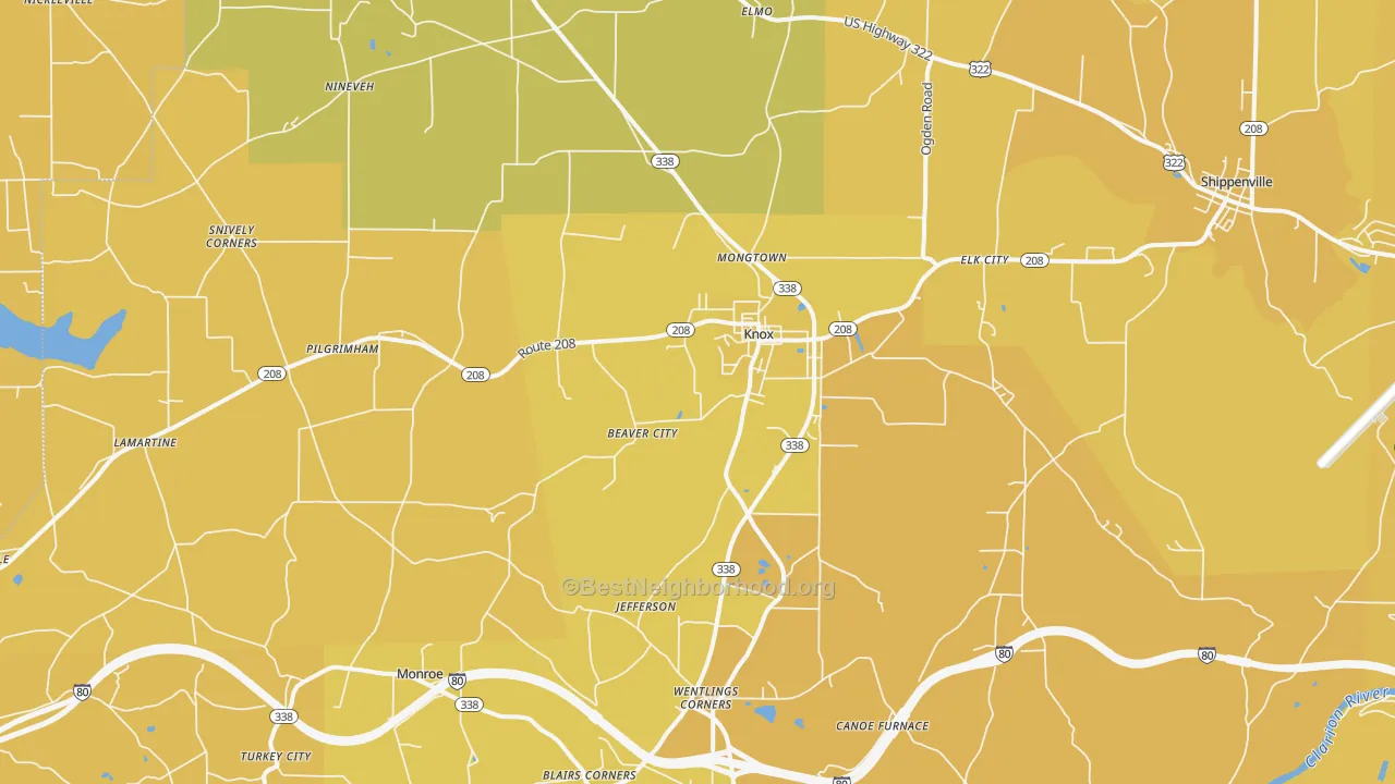 Map of the best neighborhoods in the Knox area, with better matches in green and worse matches in red