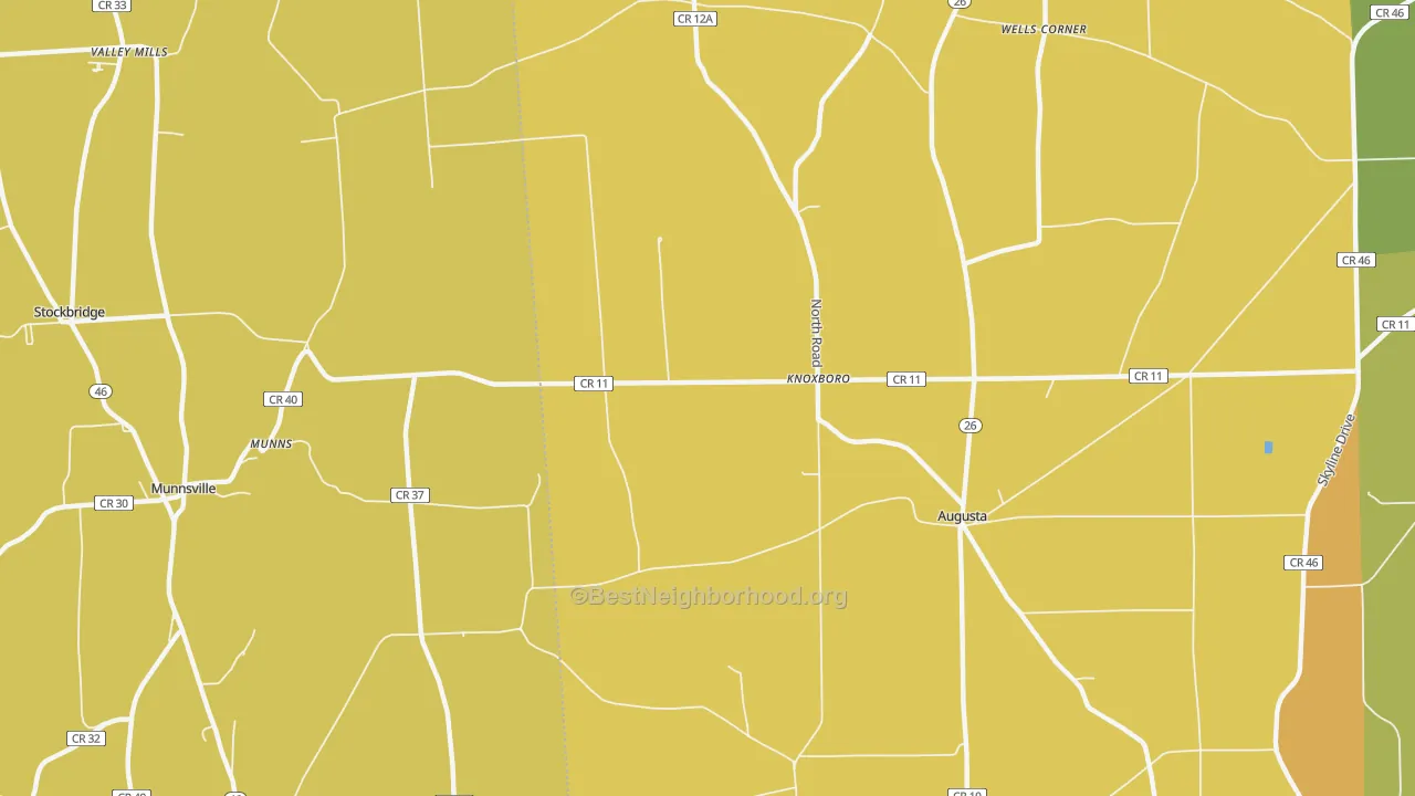 Map of the best neighborhoods in the Knoxboro area, with better matches in green and worse matches in red