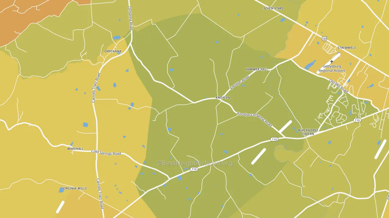 Map of the best neighborhoods in the Knoxlyn area, with better matches in green and worse matches in red