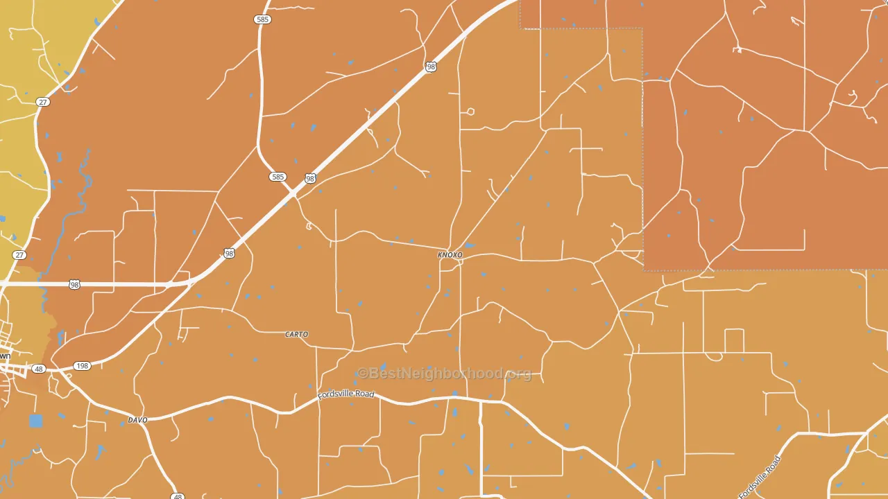 Map of the best neighborhoods in the Knoxo area, with better matches in green and worse matches in red
