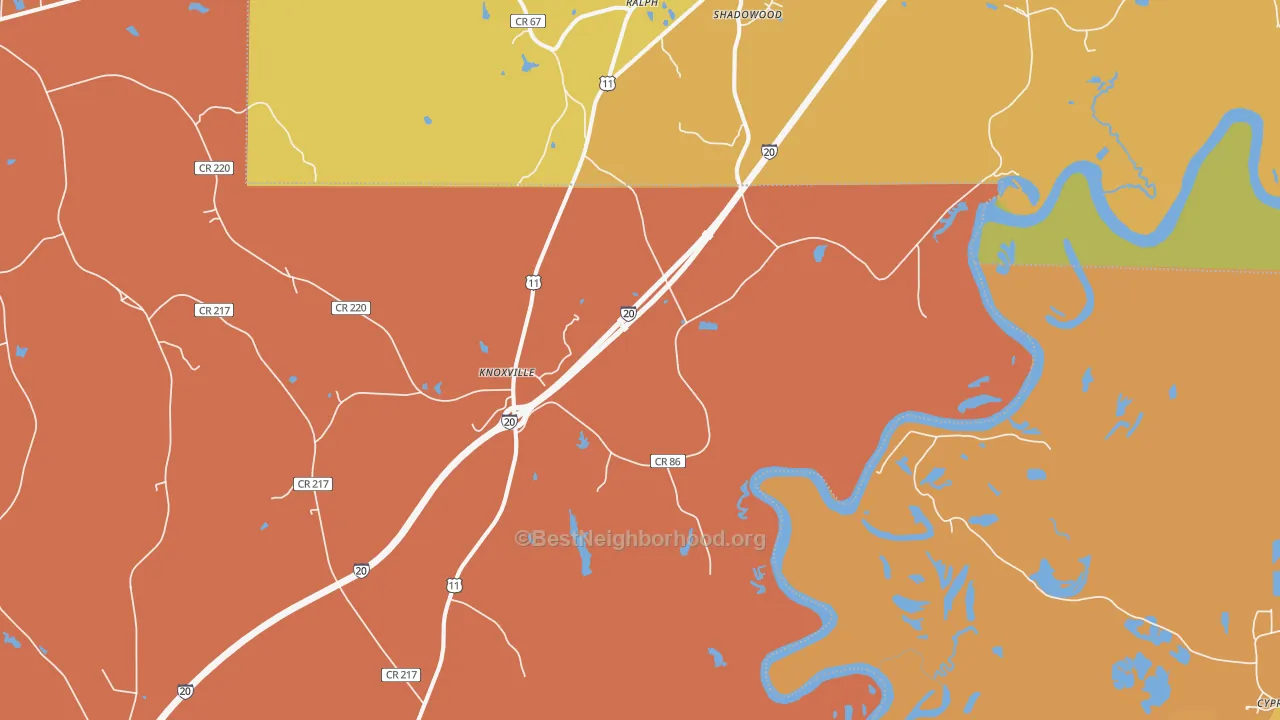Map of the best neighborhoods in the Knoxville area, with better matches in green and worse matches in red