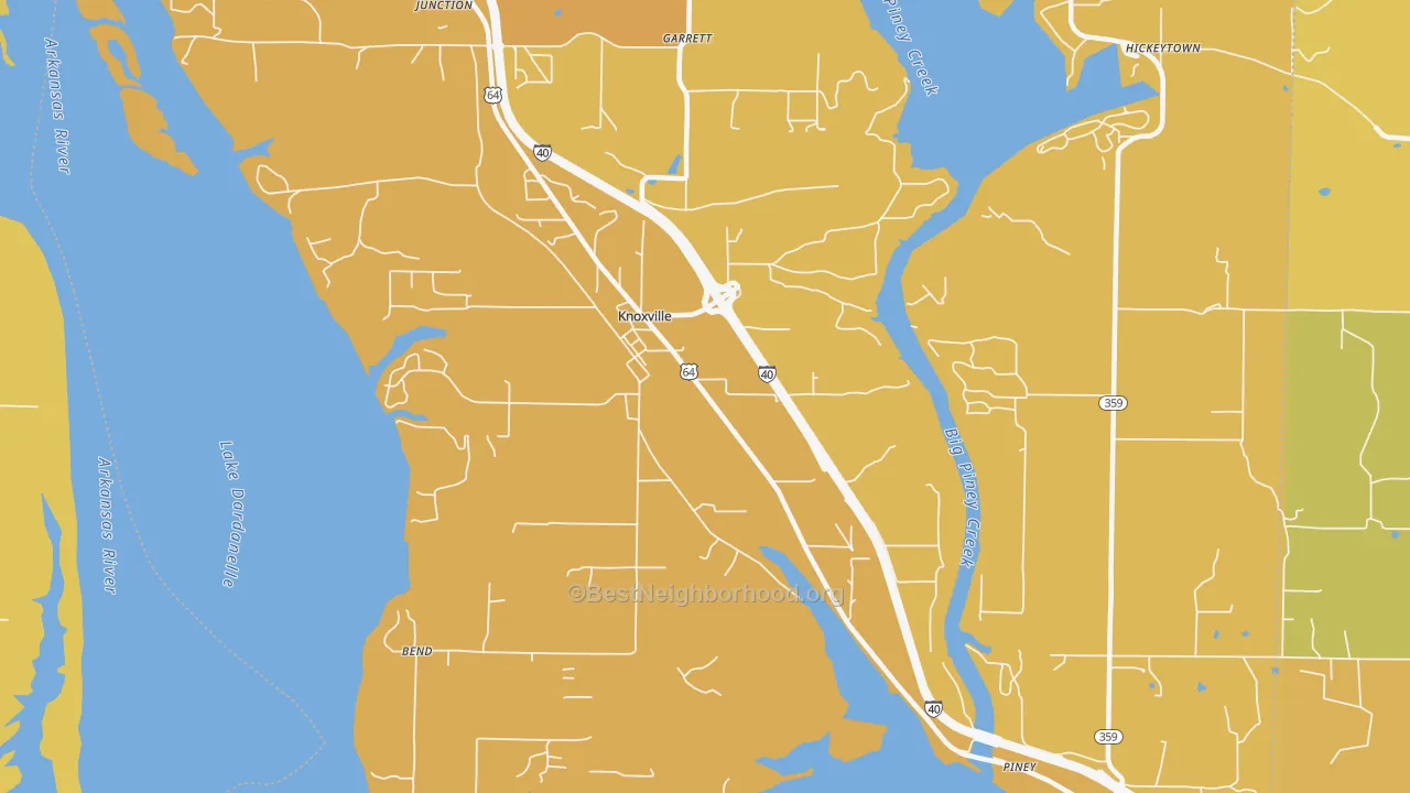 Map of the best neighborhoods in the Knoxville area, with better matches in green and worse matches in red