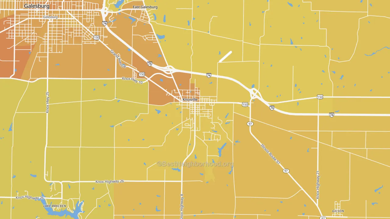Map of the best neighborhoods in the Knoxville area, with better matches in green and worse matches in red