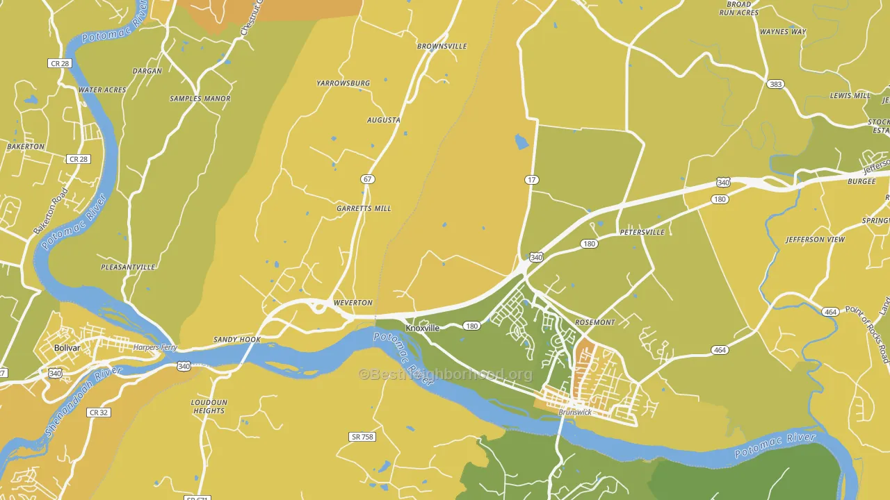 Map of the best neighborhoods in the Knoxville area, with better matches in green and worse matches in red