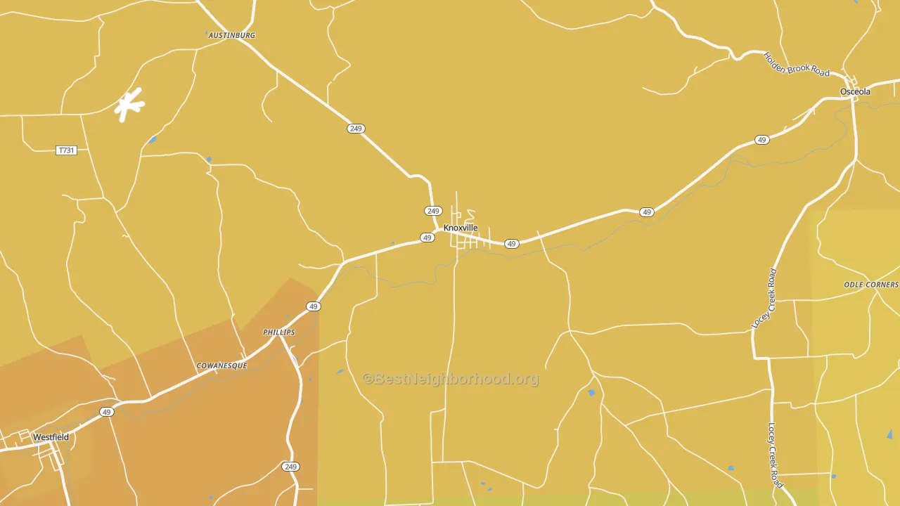 Map of the best neighborhoods in the Knoxville area, with better matches in green and worse matches in red