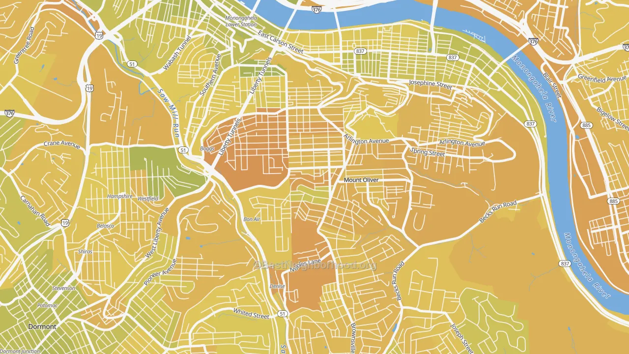 Map of the best neighborhoods in the Knoxville, Pittsburgh area, with better matches in green and worse matches in red