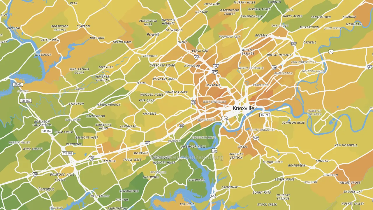 Map of the best neighborhoods in the Knoxville Metro area, with better matches in green and worse matches in red