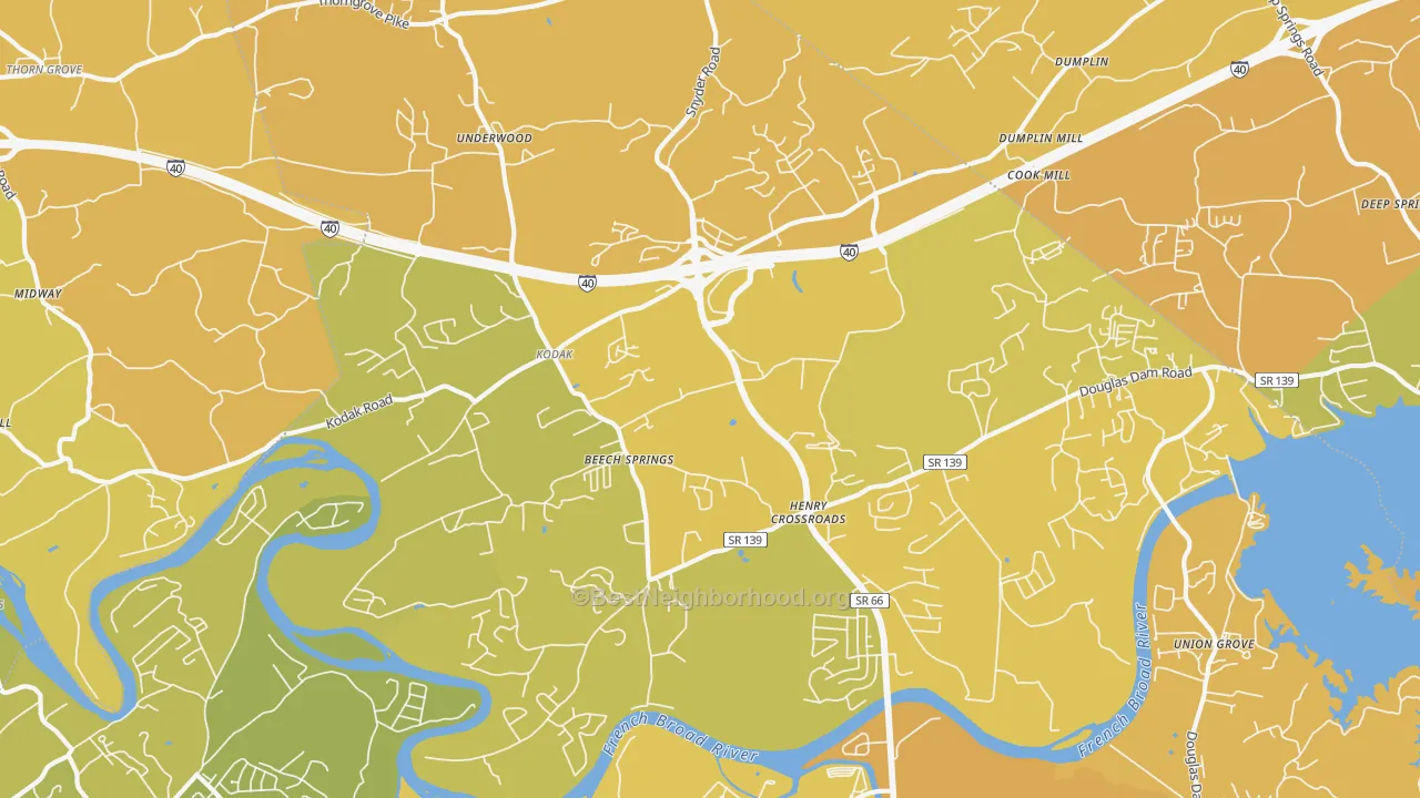 Map of the best neighborhoods in the Kodak area, with better matches in green and worse matches in red