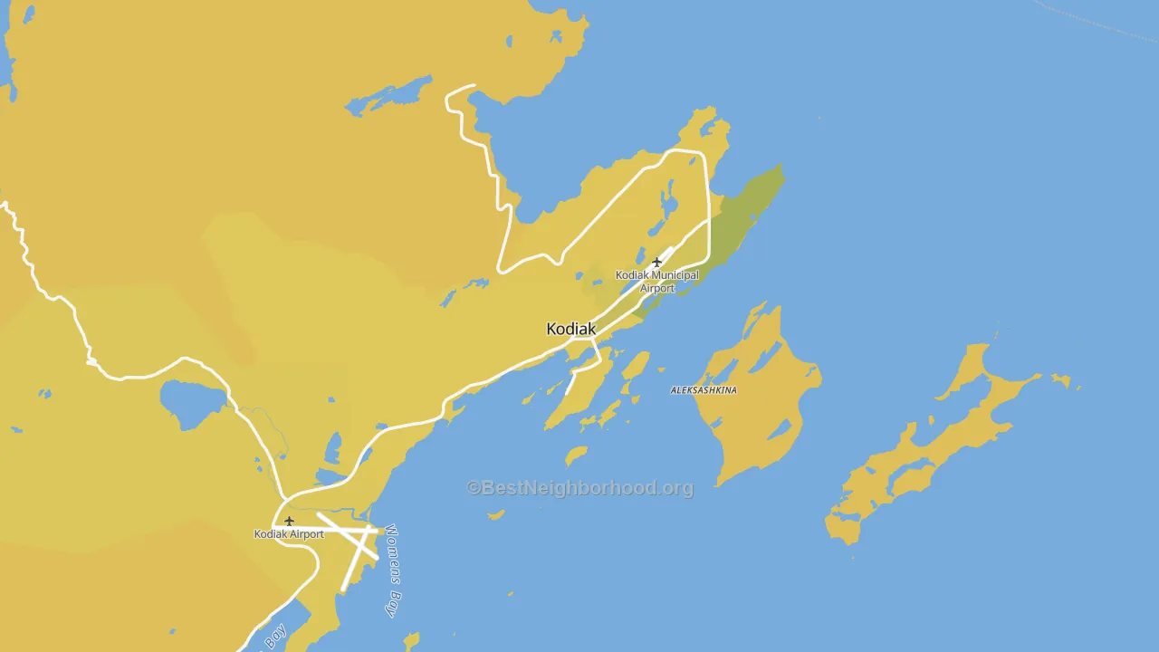 Map of the best neighborhoods in the Kodiak area, with better matches in green and worse matches in red