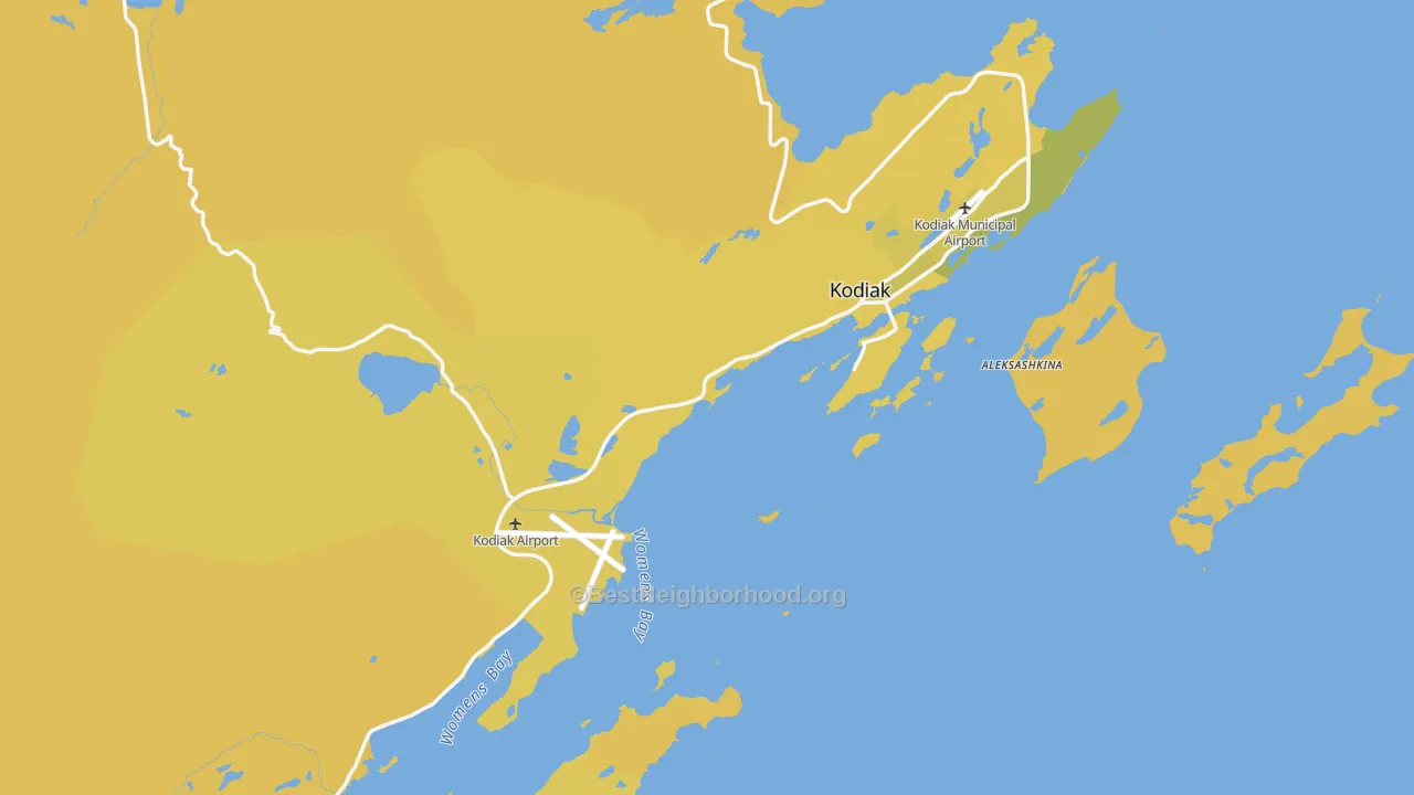 Map of the best neighborhoods in the Kodiak Island Borough area, with better matches in green and worse matches in red