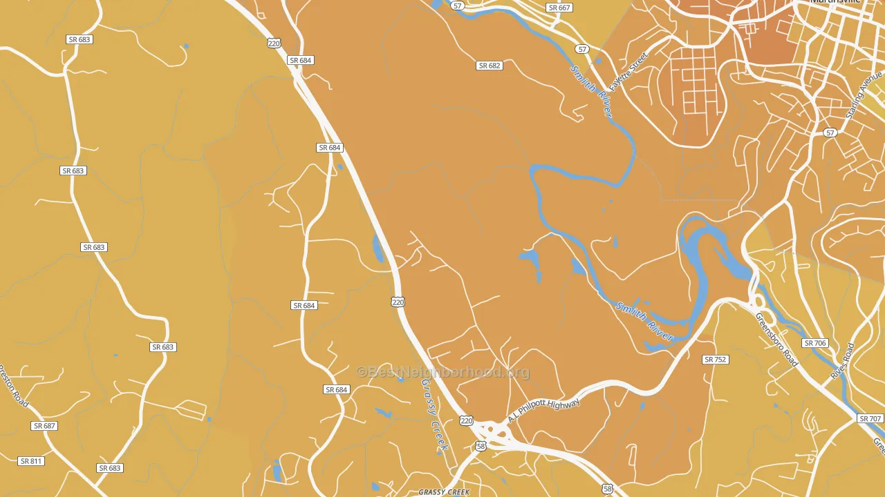 Map of the best neighborhoods in the Koehler area, with better matches in green and worse matches in red