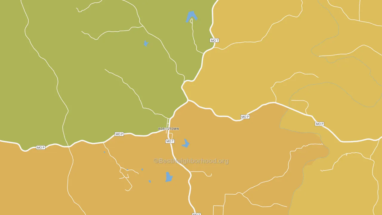 Map of the best neighborhoods in the Koeltztown area, with better matches in green and worse matches in red