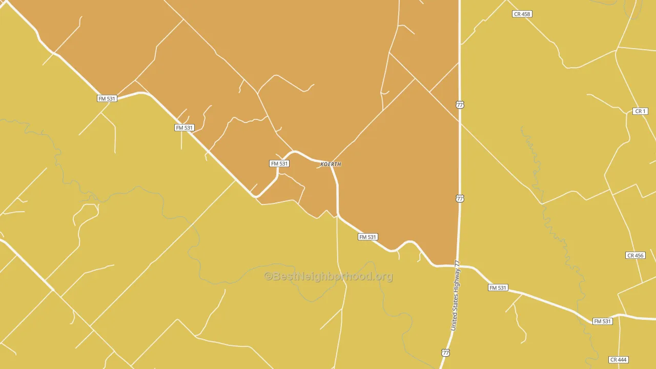 Map of the best neighborhoods in the Koerth area, with better matches in green and worse matches in red