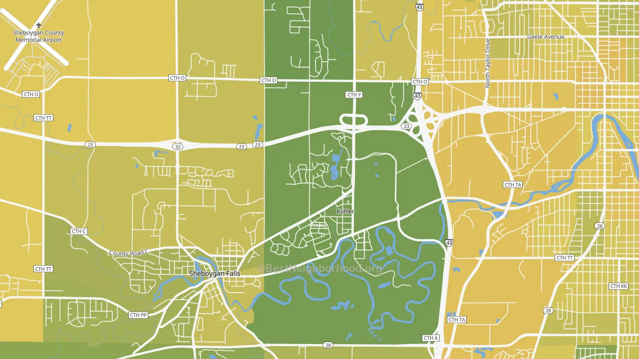 Map of the best neighborhoods in the Kohler area, with better matches in green and worse matches in red
